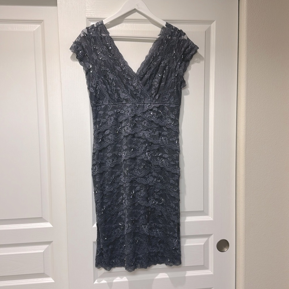 Marina dark grey lace and sequined evening/formal dress. Size 14.